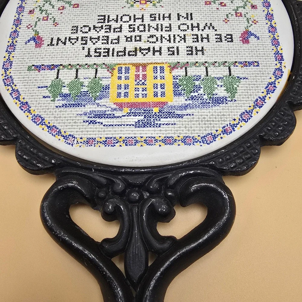Vintage Cast Iron Trivet‎ Ceramic Insert Home Quote Cross Stitch Style Black